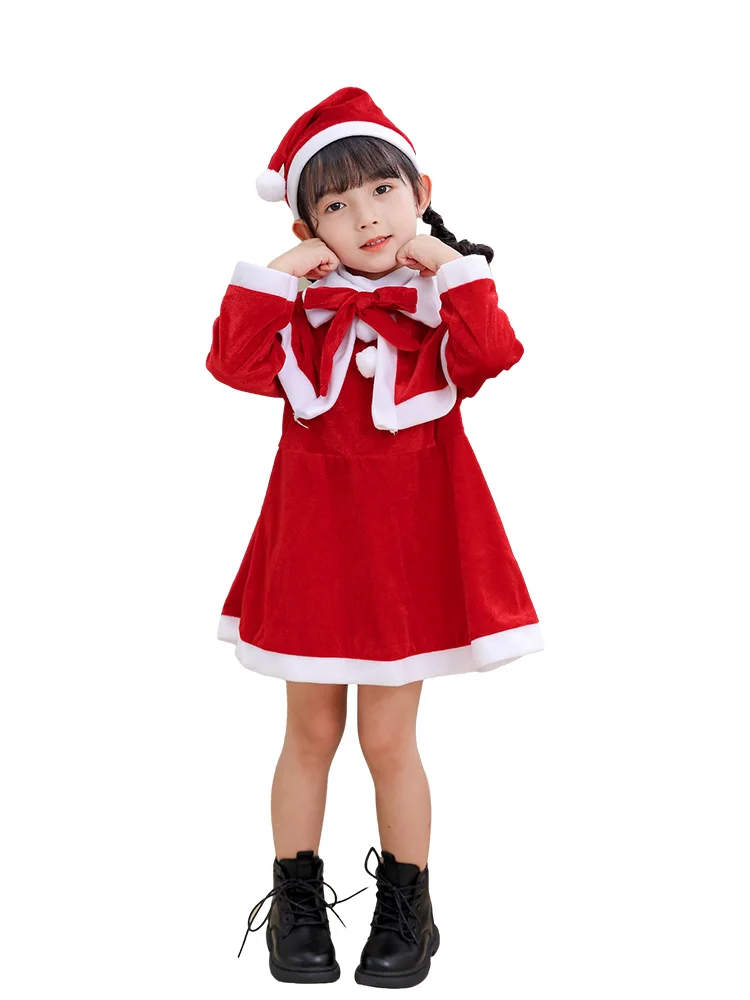 어린이 크리스마스 코스프레 코스튬 소녀 산타 클로스 복장, 빨간 크리스마스 옷, 새해 파티 공연 원피스 세트 크리스마스 선물