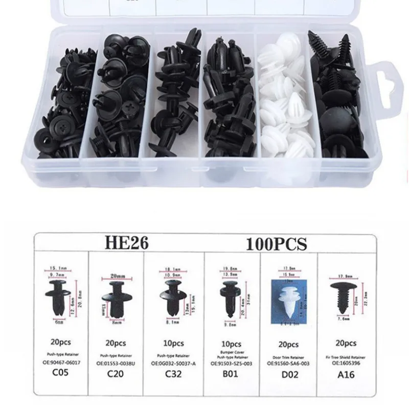 100pcs 6 Sizes Mixed Car Auto Fastener Clips Car Body Push Retainer Pin Rivet Bumper Door Trim