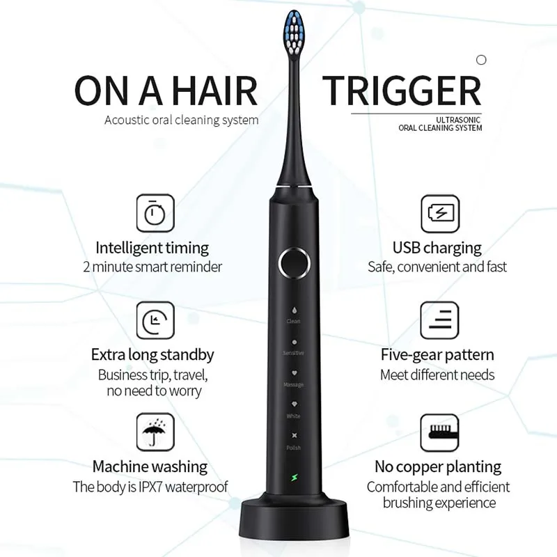 스마트 친환경 충전식 전동 칫솔 (가정 및 여행용, 구강 관리용) 배터리 구동 무선 칫솔