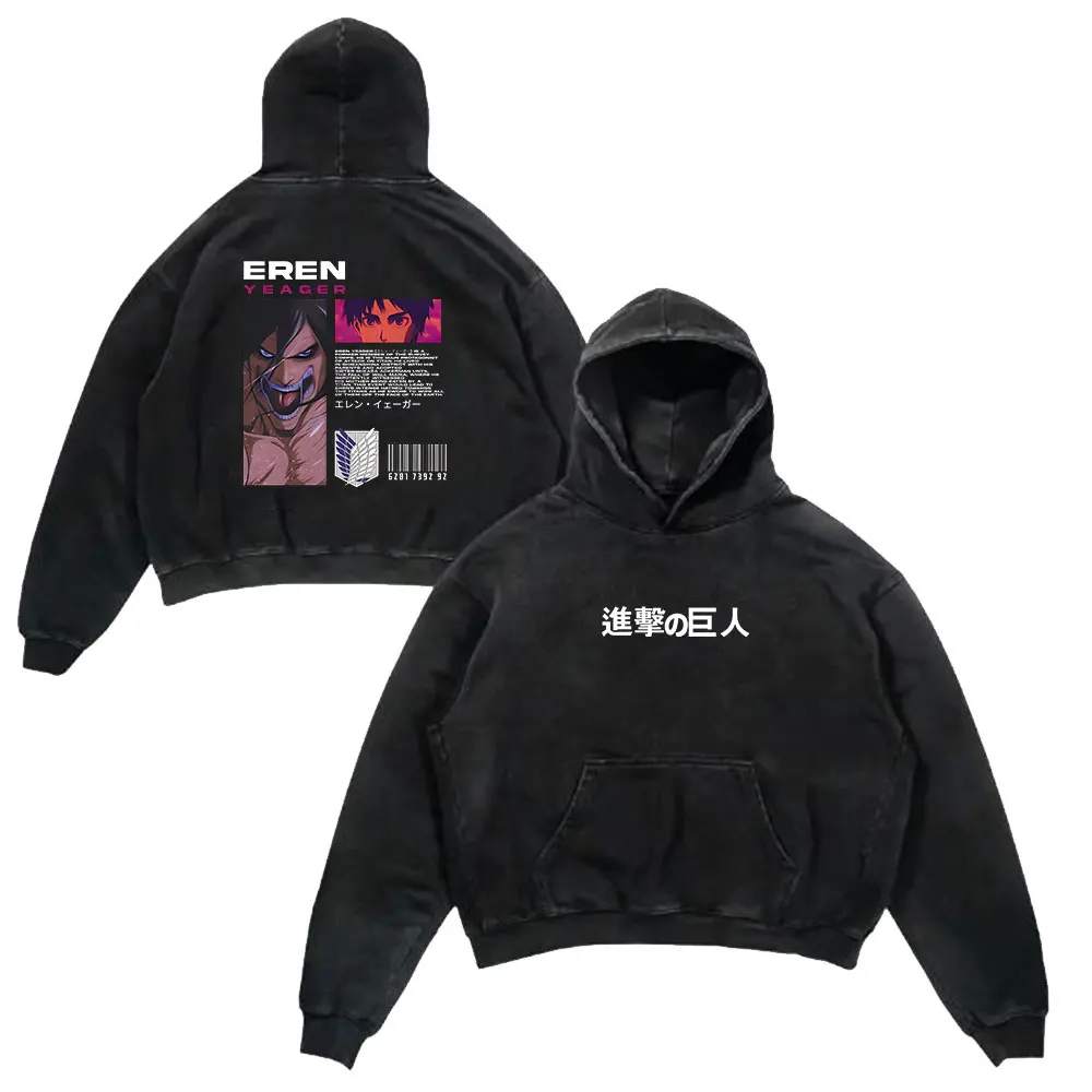 Anime Cotton Washed Hoodies Graphic Vintage Attack On Titan Print Y2K Hooded Sweatshirts Oversized Aesthetic Streetwear Pullover