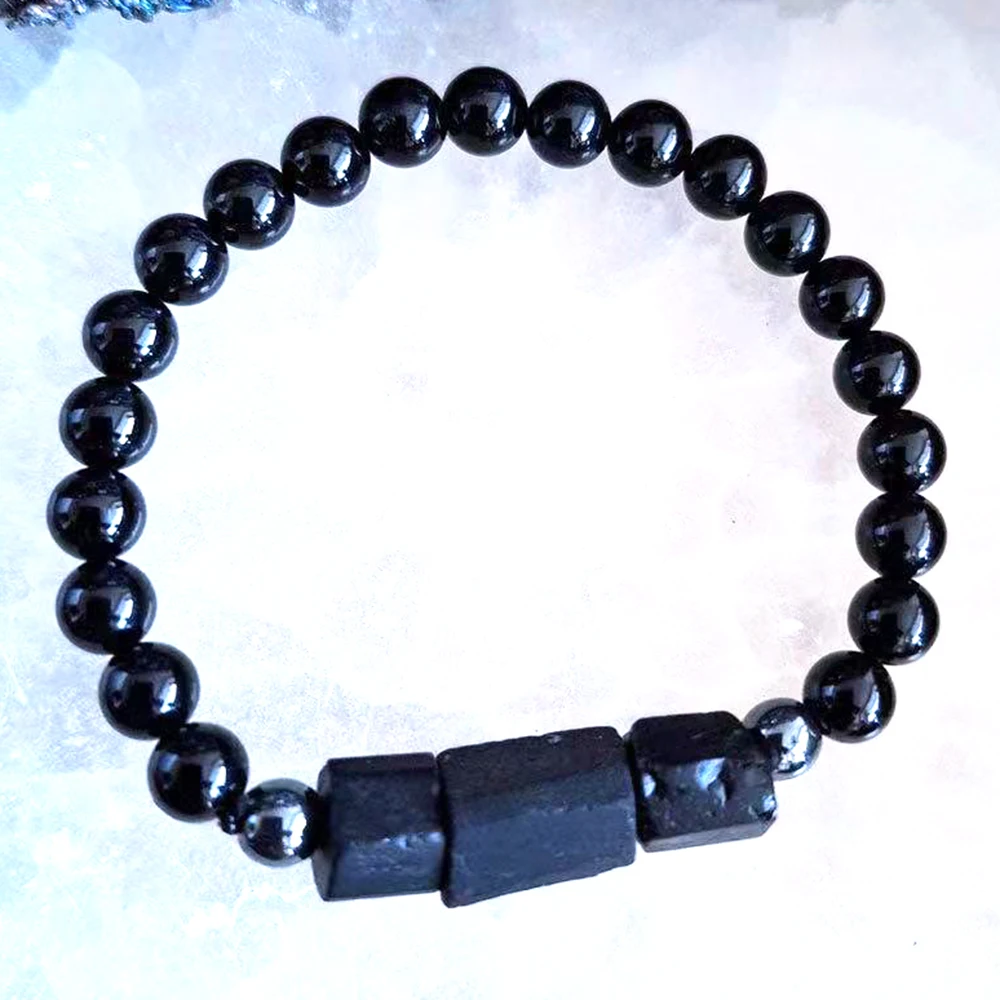 

MG2060 New Raw Russian Shungite 6 MM Black Tourmaline Hematite Bracelet Mens Energy Protection Root Chakra EMF Jewelry