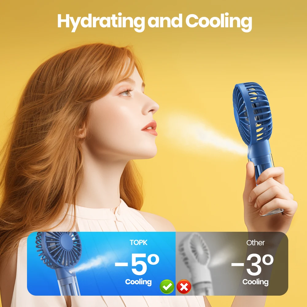 TOPK Mini Portable Fan with Water Mist,2000mAh Capacity& Humidifying Function for Summer Personal Electric Fan USB fans for Room 6
