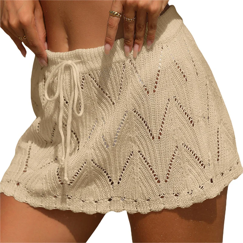 Falda de playa para mujer, de verano, de color liso, con cordón, de cintura alta, de punto, minifalda, traje de baño informal