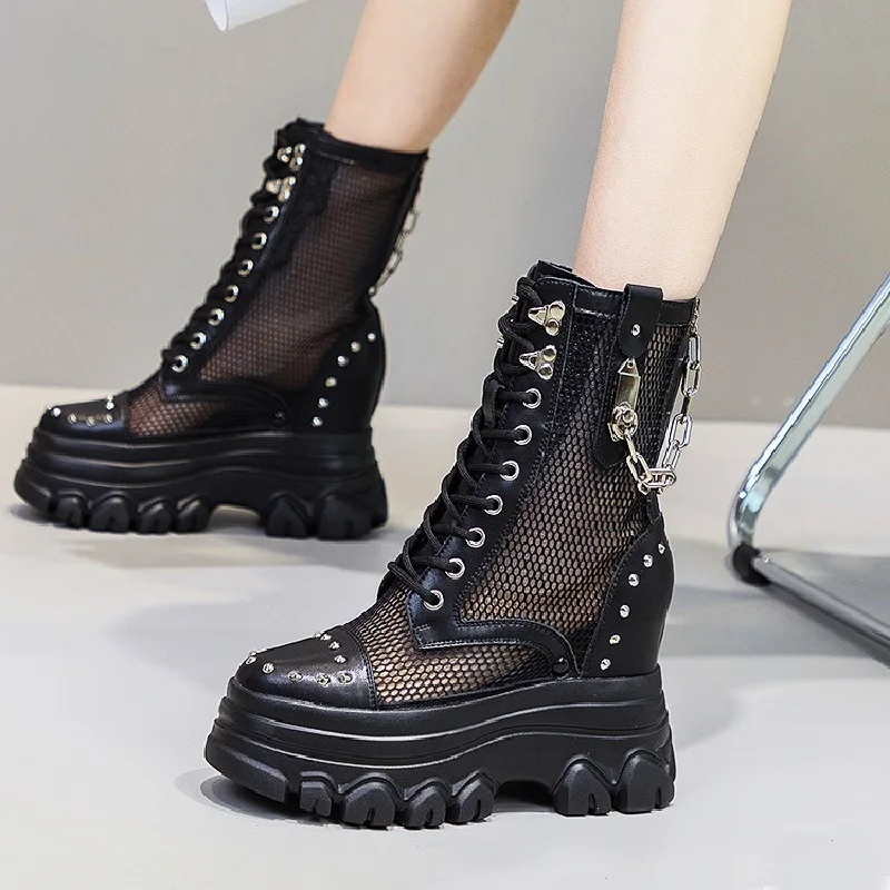 

New Motorcycle Boots Sexy Height Increasing Platform Rivet Metal Chain Cutout Mesh Genuine Leather Women Mid-Calf Modern Boots