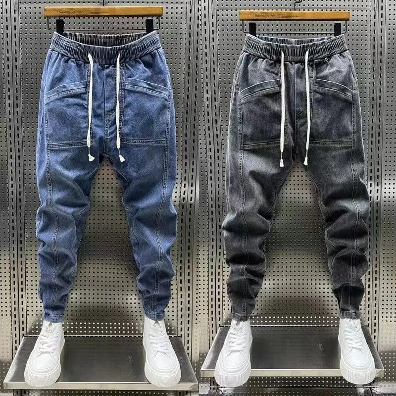 New Arrival Korean Style Fashion Stretch Denim Jeans for Men Elastic Waistband Drawstring Design Harem Jeans Cotton Trousers