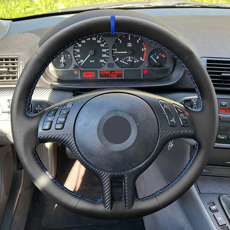 Hand geflecht Mikro faser Leder Auto Lenkrad abdeckung Verkleidung für BMW 3 5er E46 E39 x5 E53 Z3 E36 mit roter blauer Linie blaue Leiste