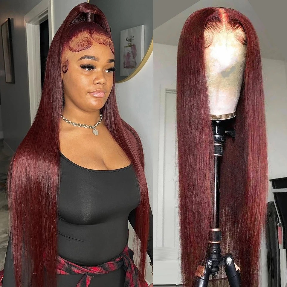 Perruque Lace Front Wig naturelle brésilienne lisse, cheveux humains, rouge bordeaux 99J, 13x6 HD