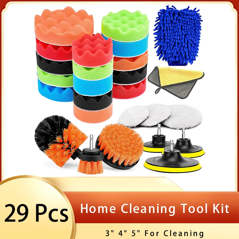 

3" 4" 5" Home Cleaning Polishing Kit 26 Pcs with Foam Drill Brush Attachment for Polisher and Buffer for Cleaning Detailing