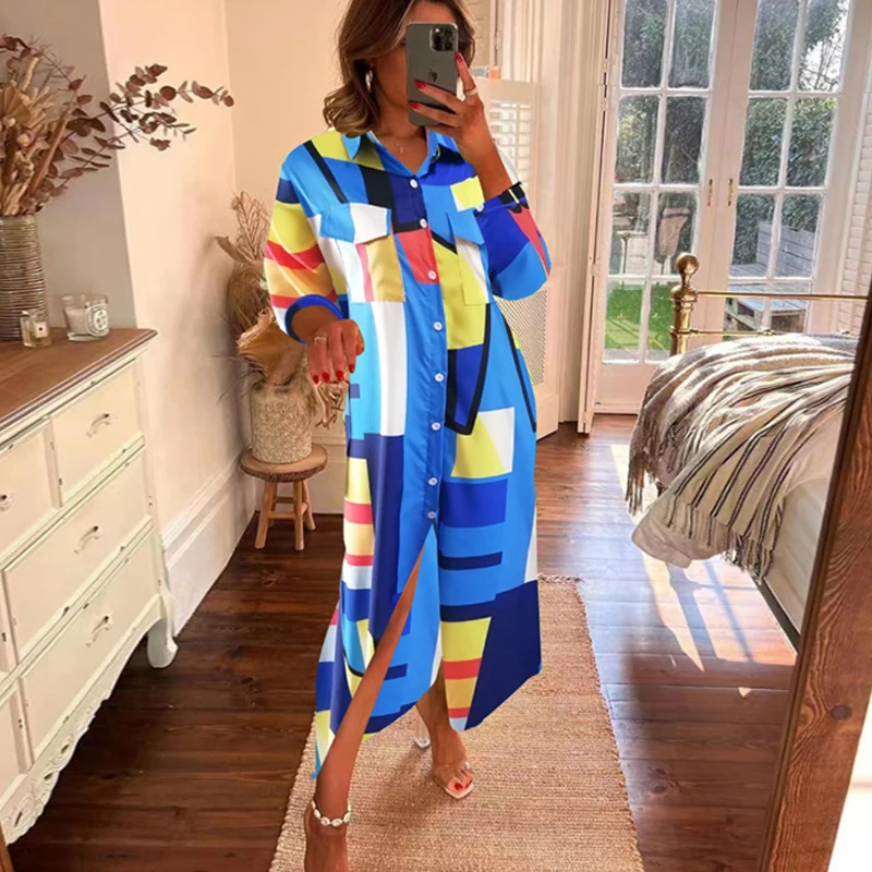 

Lady Commuter Dresses Women Fashion Geometric Pattern Single Breasted Shirt Dress Casual Color Contrast Lapel Long Sleeve Dress