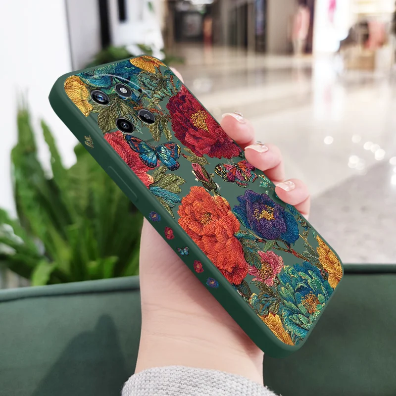 Elegant Embroidery Flower Liquid Silicone Phone Case