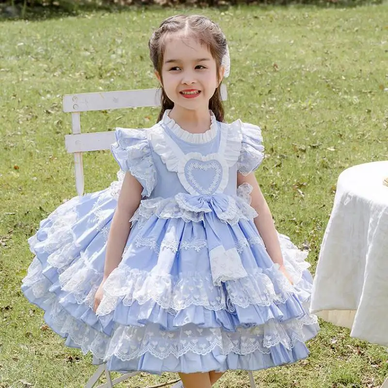 

Fashion Sleeveless Lolita Dress For Girls Summer Lace Mesh Layered Hem Ball Gowns Kids Casual Vacation Dresses 1-8 Years