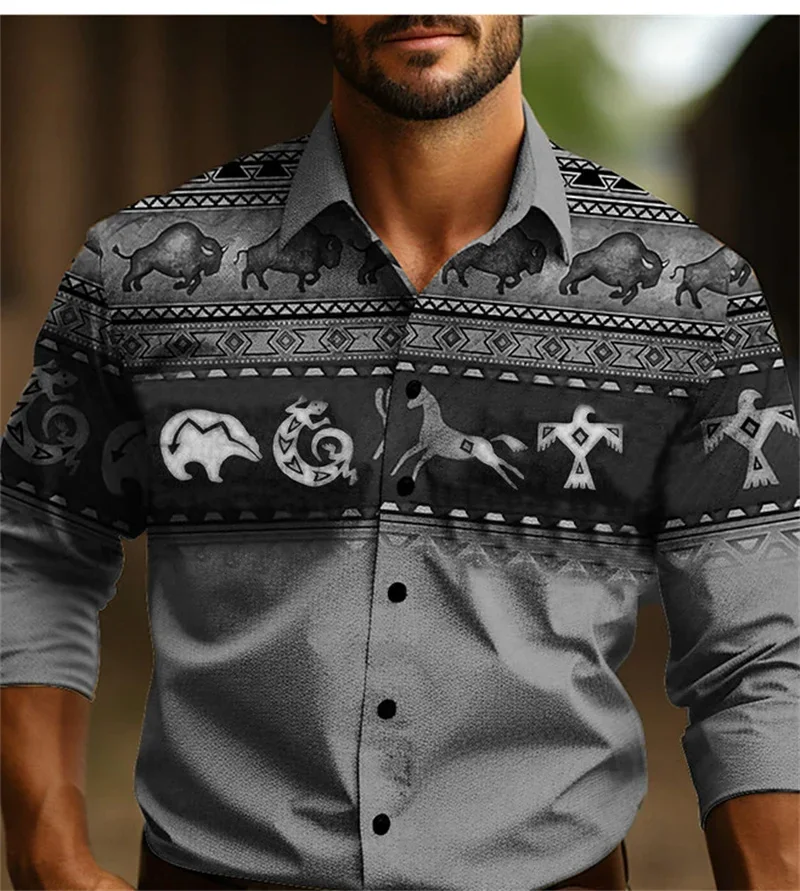 Long Sleeve Camisa Vaquera Estampada Hombre Camisa De Playeras