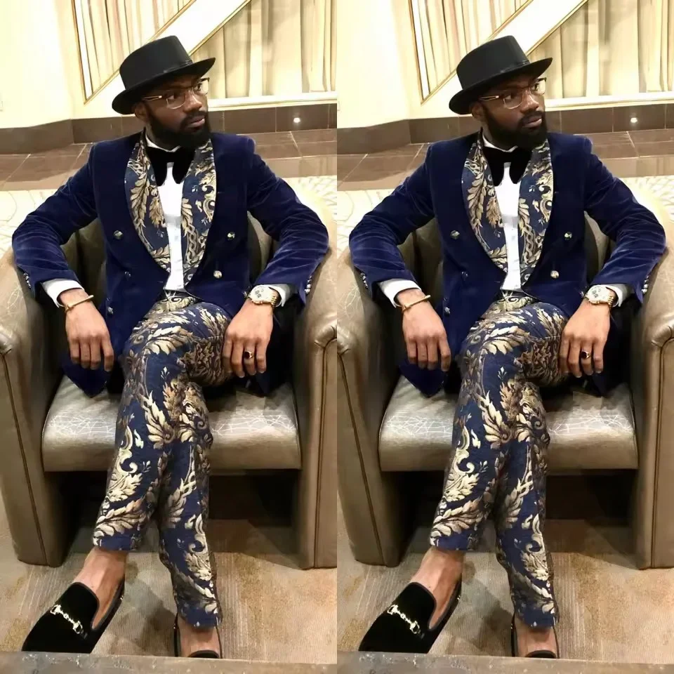 Men Double Breasted Suits Wedding Navy Blue Floral Groom Tuxedo Velvet Blazer with Pants Formal Shawl Lapel Party Wear