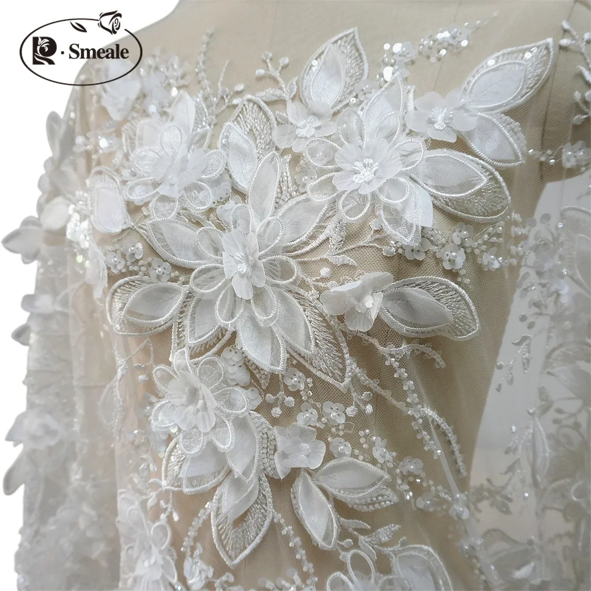 새로운 3D 꽃 수공예 비즈 장식 스팽글 레이스 원단. 고급스러운 아플리케 웨딩 드레스 배경 장식 액세서리