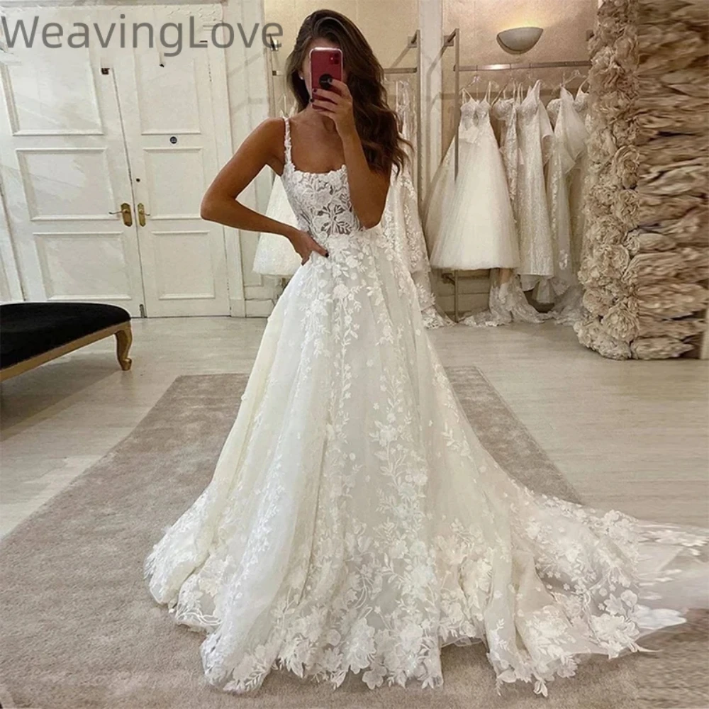 

Square Colla Lace Applique Floor Length A-Line Wedding Dress for woman Beach Bridal Gown Spaghetti Straps Women Vestidos 2023