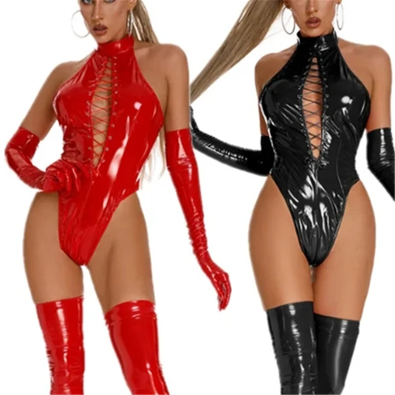 

Hot Erotic Lingerie Women Sexy PU Faux Leather Bondage Bodysuits with Socks Gloves Zipper Open Crotch Nightclub Mistress Wear