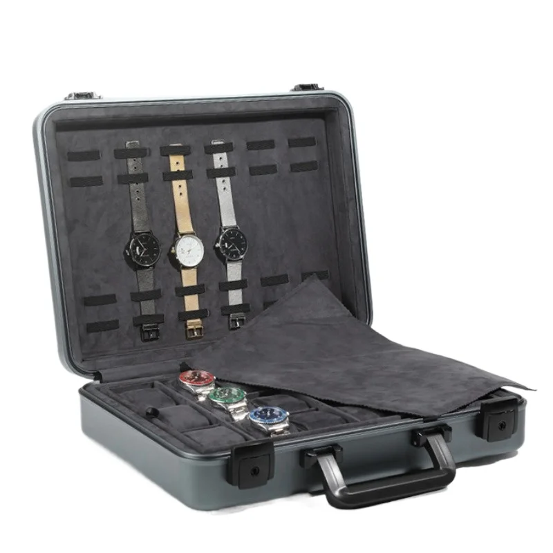 Aluminum Luxury Watch Box Large Metal Watch Box Organizer Storage Bag with Lock 18 Grid Suitcase Travel Case Display Gift