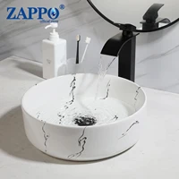 ZAPPO Bathroom Vessel Sink 14 Inch Above Counter Ceramic Vessel Sink with Faucet and Drain Combo Marbling Bathroom Sinks Round 1