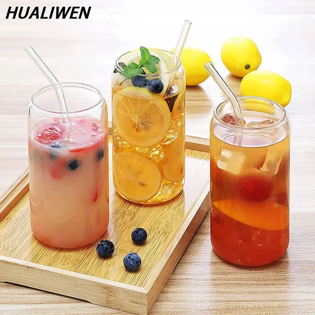 500ML Glass Cup w/Lid and Straw Transparent Bubble Tea Cup Juice Glass Beer  Can