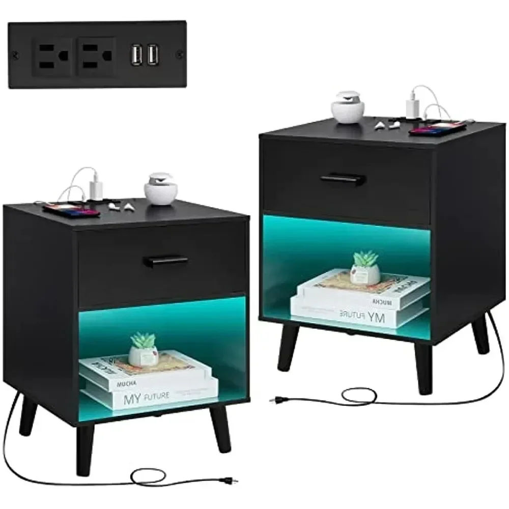 

Nightstands Set of 2, Night Stands with Charging Station & LED Light, End Tables with Drawer, Bedside Tables for Bedroom, Black