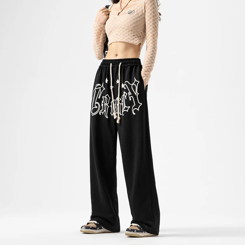 

Hybskr Letter Printed Casual Pants for Women Korean Trendy Straight Tube Slim Wide Leg Pants Female High Waist Street Trousers