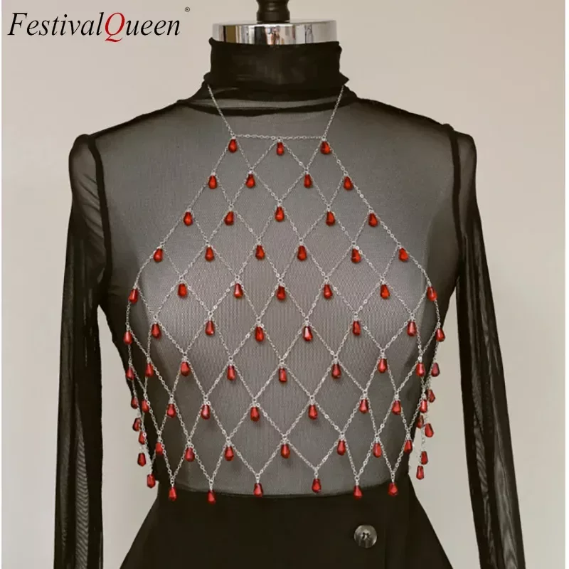 

Metal Red Jewel Pendant Tank Top Y2k Crop Tops Sexy Women Halter Body Chain Women Clothing Exotic Y2k Accessories for Women