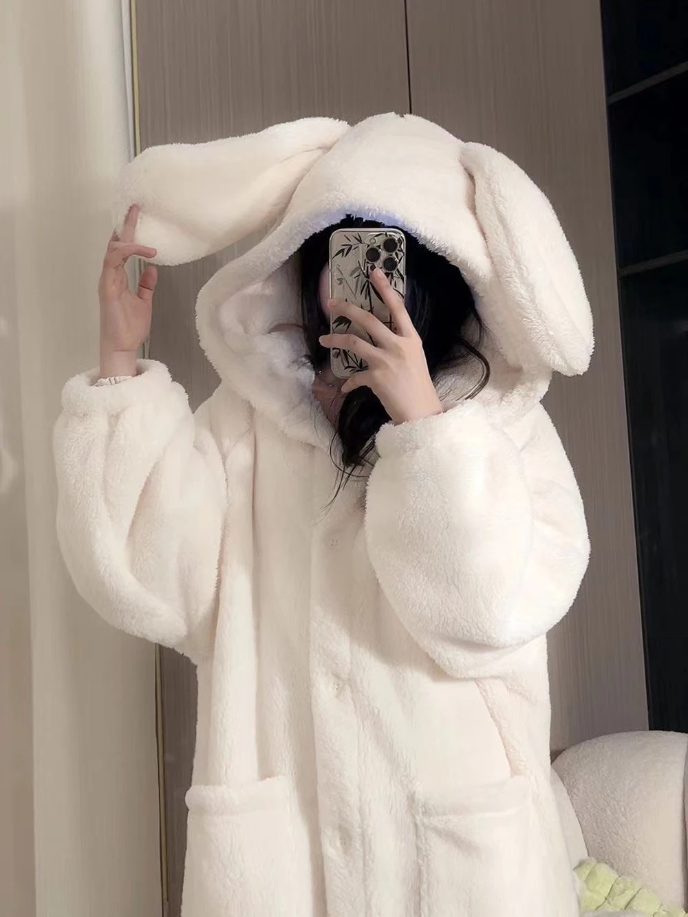 Winter Long Sleeve Hooded Thick Warm Flannel Kimono Robes Women Rabbit Cute Bathrobes Sleepwear Nightdress Night Dre