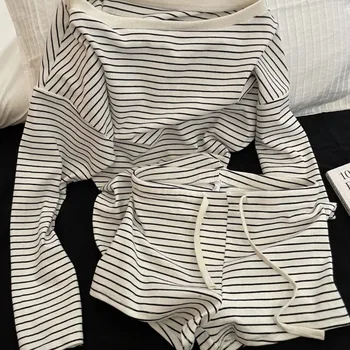 New 2025 Korean Style Long-sleeved Pajamas with Black and White Stripes and Off-the-shoulder Shorts for Women Home Wear Set 1