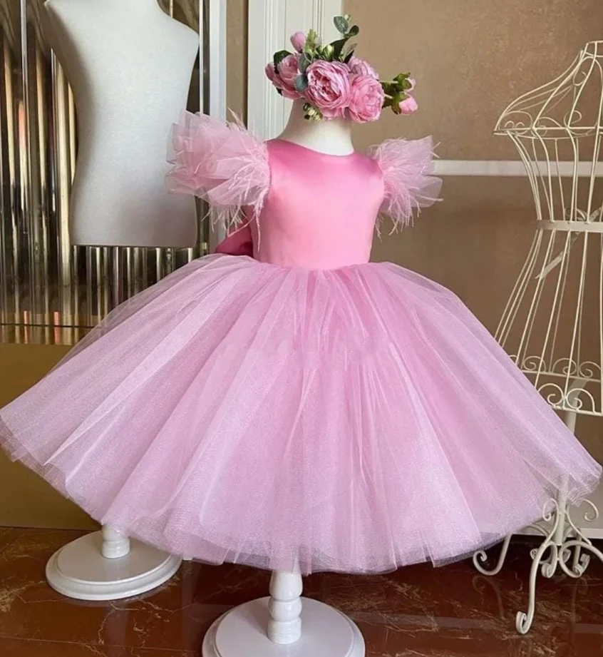 

Feather Flower Girl Dress For Wedding Pink Tulle Puffy with Bow Kids Birthday First Communion Princess Party Dress Ball Gown