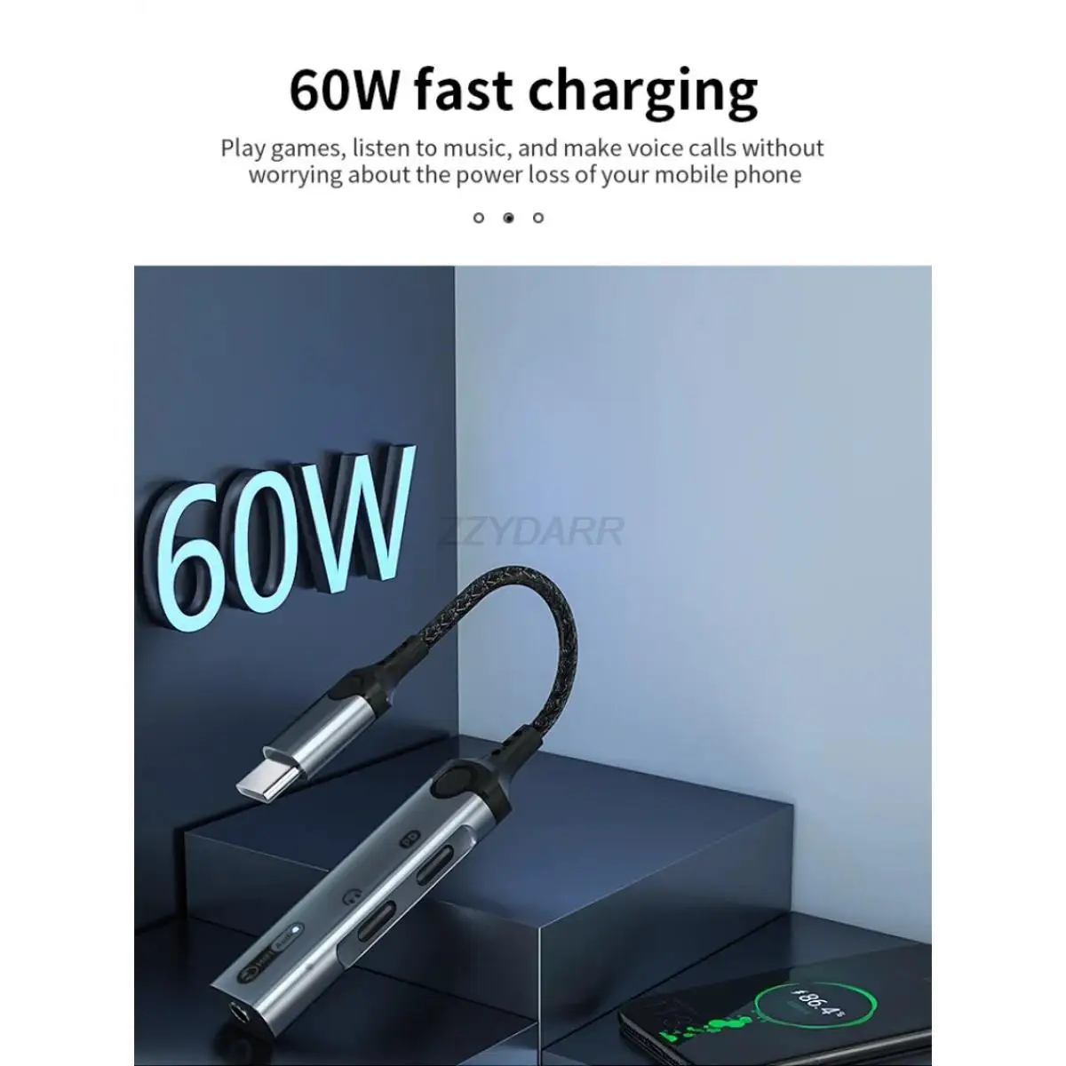 Type-C 3 in 1 headphone adapter USB C to 3.5mm audio converter 60W charging for iPhone15 Galaxy S23 S22