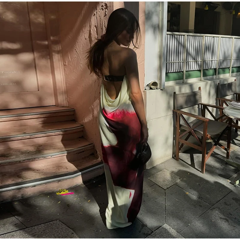 Sexy Floral Printed Strapless Long Dresses Women Loose Off The Shoulder Sleeveless Beach Dress 2025 Summer Lady Vacation Robes