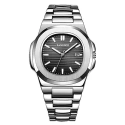 Luxury Men's Stainless Steel Sport Chronograph Watch - 2024 Edition, Quartz, 30M Waterproof, with Automatic Date (Silver black)