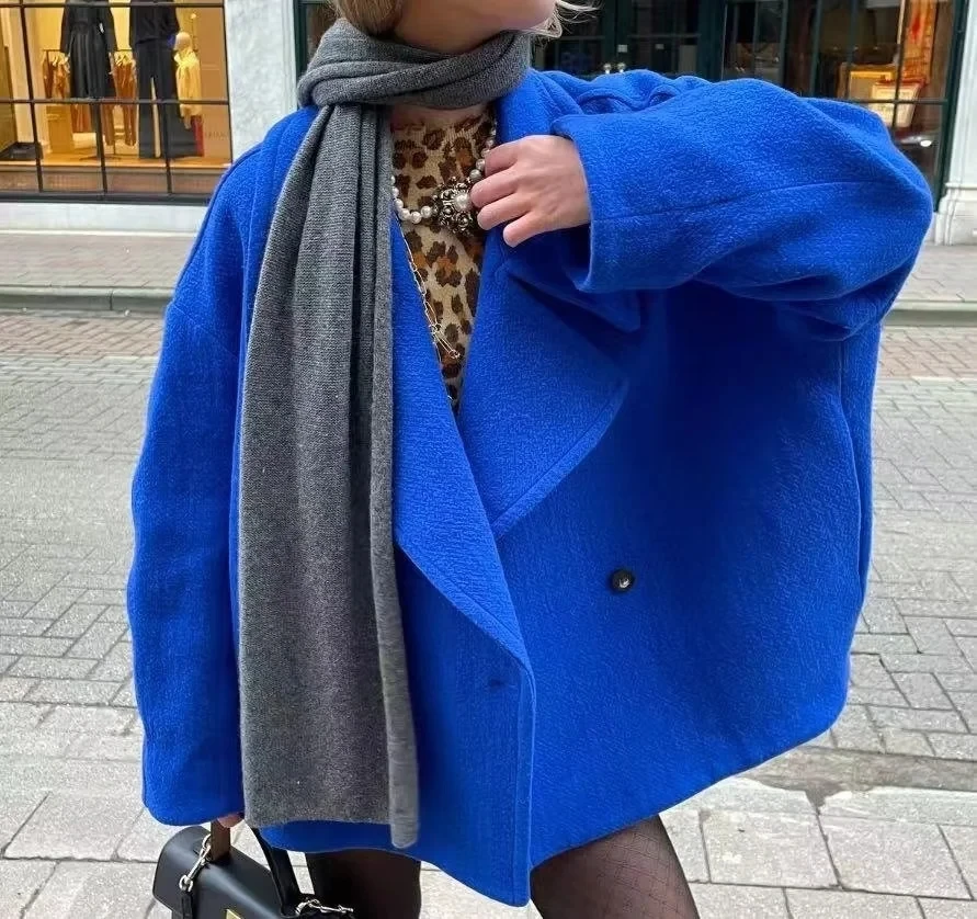 

Blue Short Women's Coat 2023 Trend Loose Woolen Jacket Autumn Winter Outerwears Fashion Vintage Stylish Casual Chic Classic Y2k