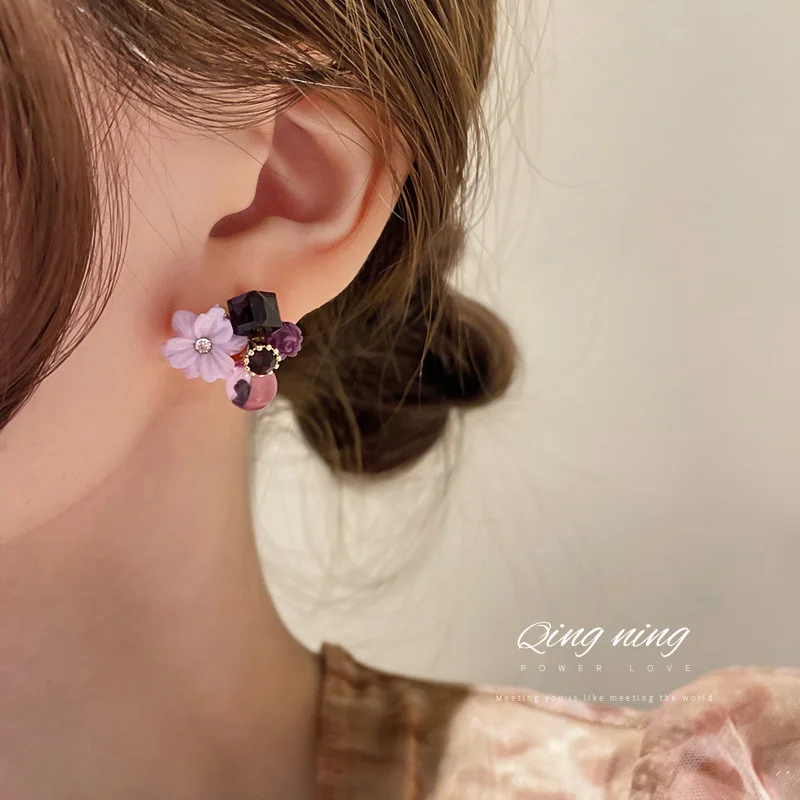 

925 Silver needle Korea Dongdaemun set diamond opal crystal flower earrings sweet studs retro design free shipping