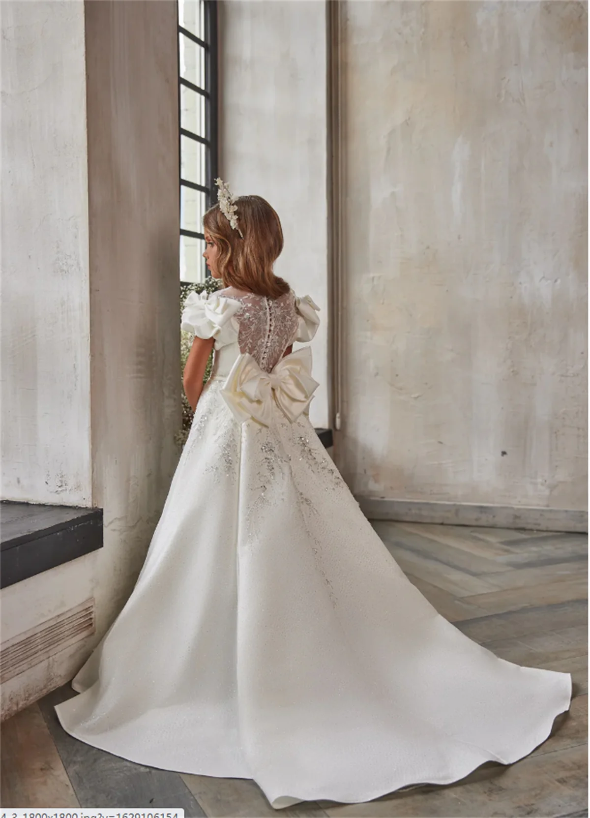 Satin Flower Girl Dress White Applique Lace for Wedding Neck Todder Puffy Princess Evening Party First Communion Ball Gown 5