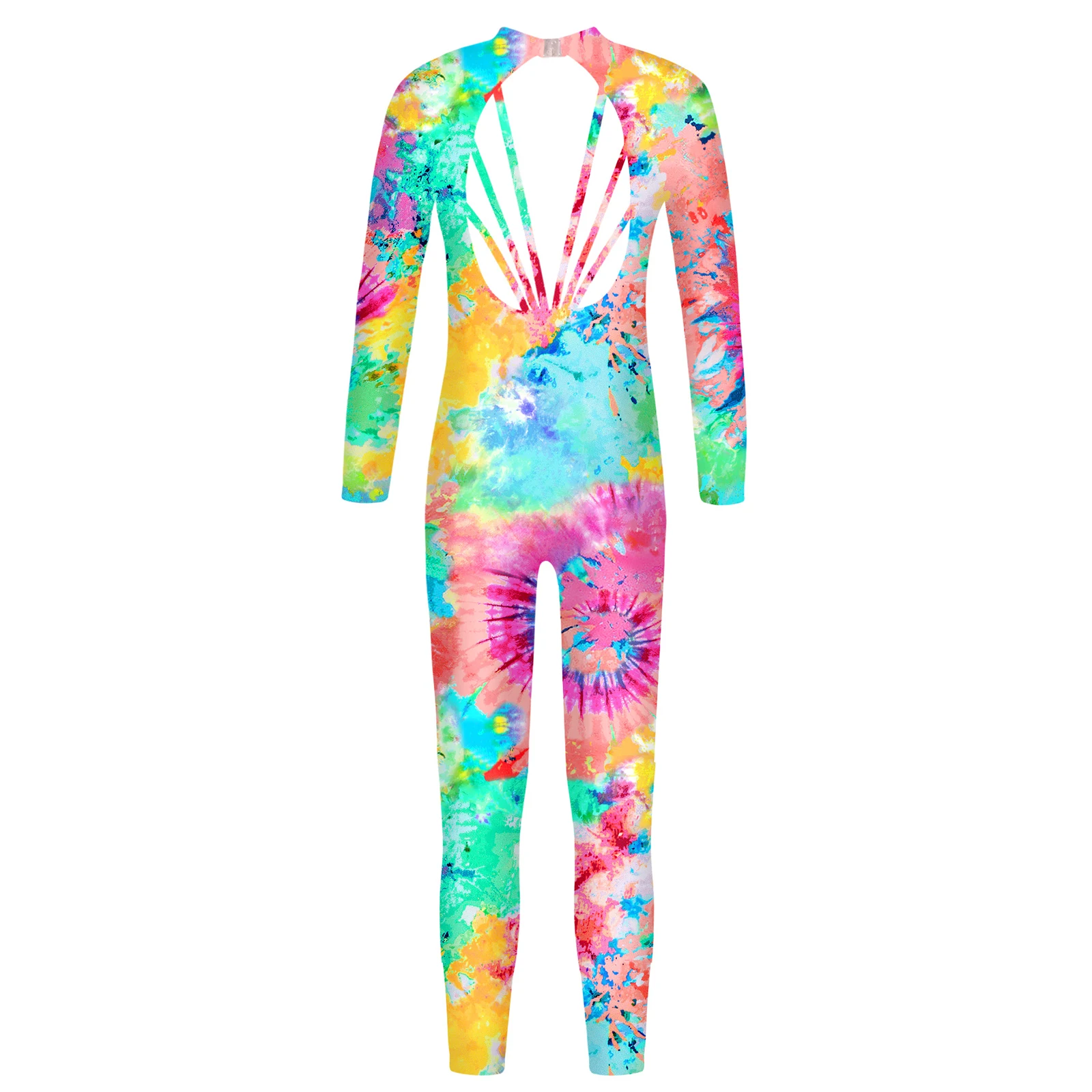 Kids Girls Tie Dye Printed Long Sleeve Criss Cross Back Bodysuit Jumpsuit Unitard for Ballet Dance Gymnastics Traini