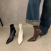 Leisure Ankle Boots Women Shoes Winter Pointed Toe Shoes Woman Thin High Heels Solid Metal Decoration Leather Modern Boots - Image 2