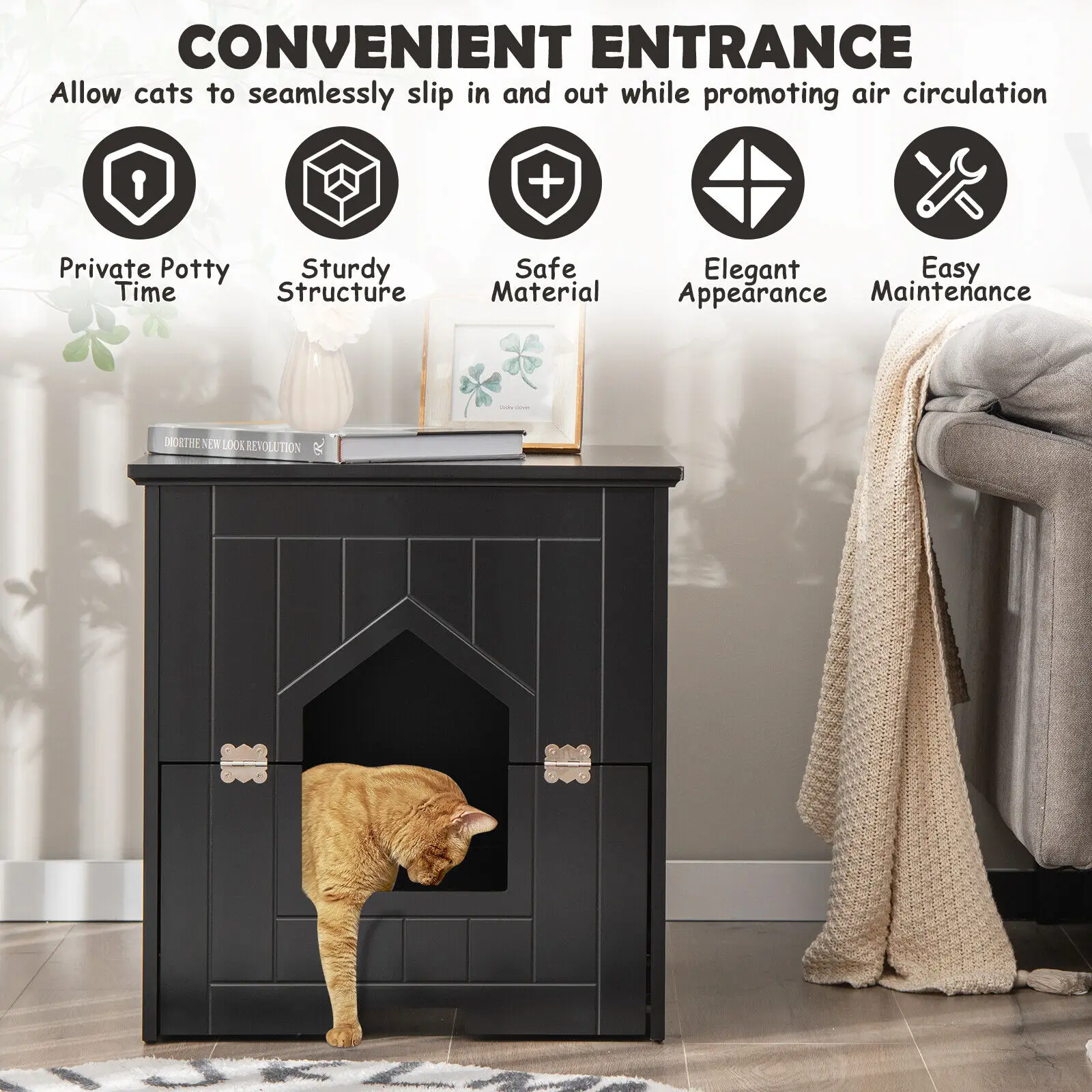 Costway Cat Litter Box Enclosure W/ Flip Magnetic Half Door Hidden Litter Box Enclosure images - 6