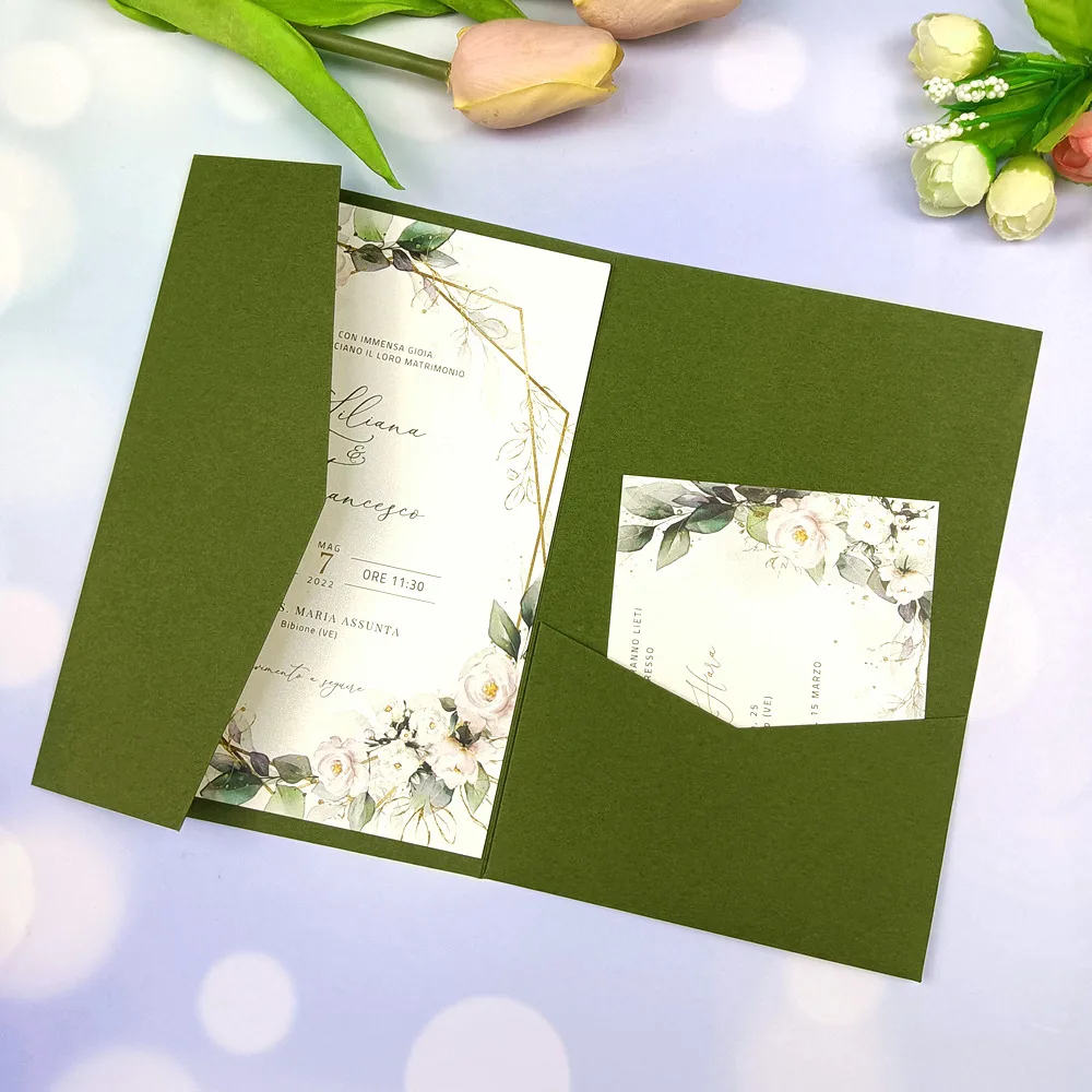 1x Wedding Invitation Cards Sage Olive Green Burgundy Navy Blue Gray Ivory Tri fold Glitter Laser Cut pocketfold invite Envelope