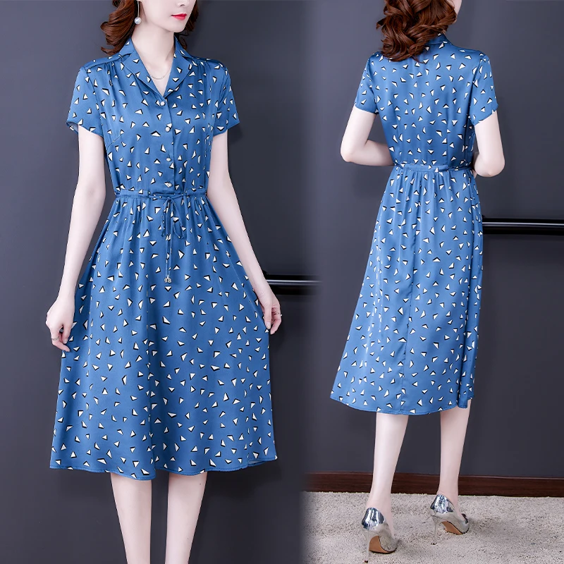 

Women Blue Print Natural Silk Polo Collar Midi Dress Summer Short Sleeve Elegant Office Lady Dress 2024 New Korean Casual Dress