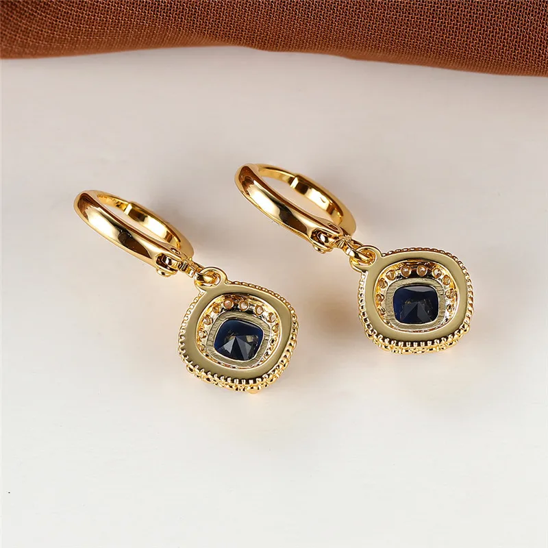 Blue Zircon Square Stone Hoop Earrings Female Luxury Crystal Wedding Earrings Vintage Gold Color Bridal Earrings For Women Gifts