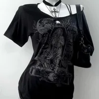 Vintage Gothic Prints Black T-Shirt Women Y2K Harajuku Fashion Punk Off-shoulder Sling Sexy Slim Summer Casual Trendy Top