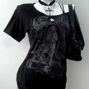 Vintage Gothic Prints Black T-Shirt Women Y2K Harajuku Fashion Punk Off-shoulder Sling Sexy Slim Summer Casual Trendy Top 1