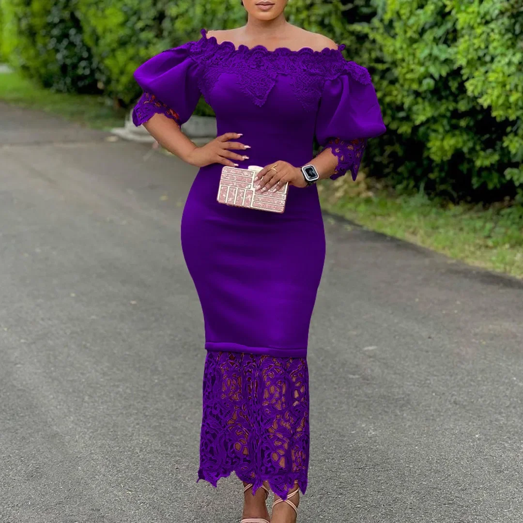 Elegant Dresses for Woman Off the Shoulder Lantern Sleeve Lace Patchwork Sheath Package Hips Ankle Length Luxury Birthday Dress