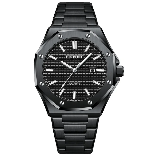 BINBOND Fashion Men's Alloy Strap Watch with Octagonal Screw Design and Quartz Movement