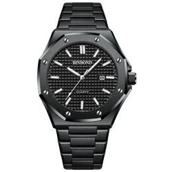 BINBOND Fashion Men's Alloy Strap Watch with Octagonal Screw Design and Quartz Movement (All Black)