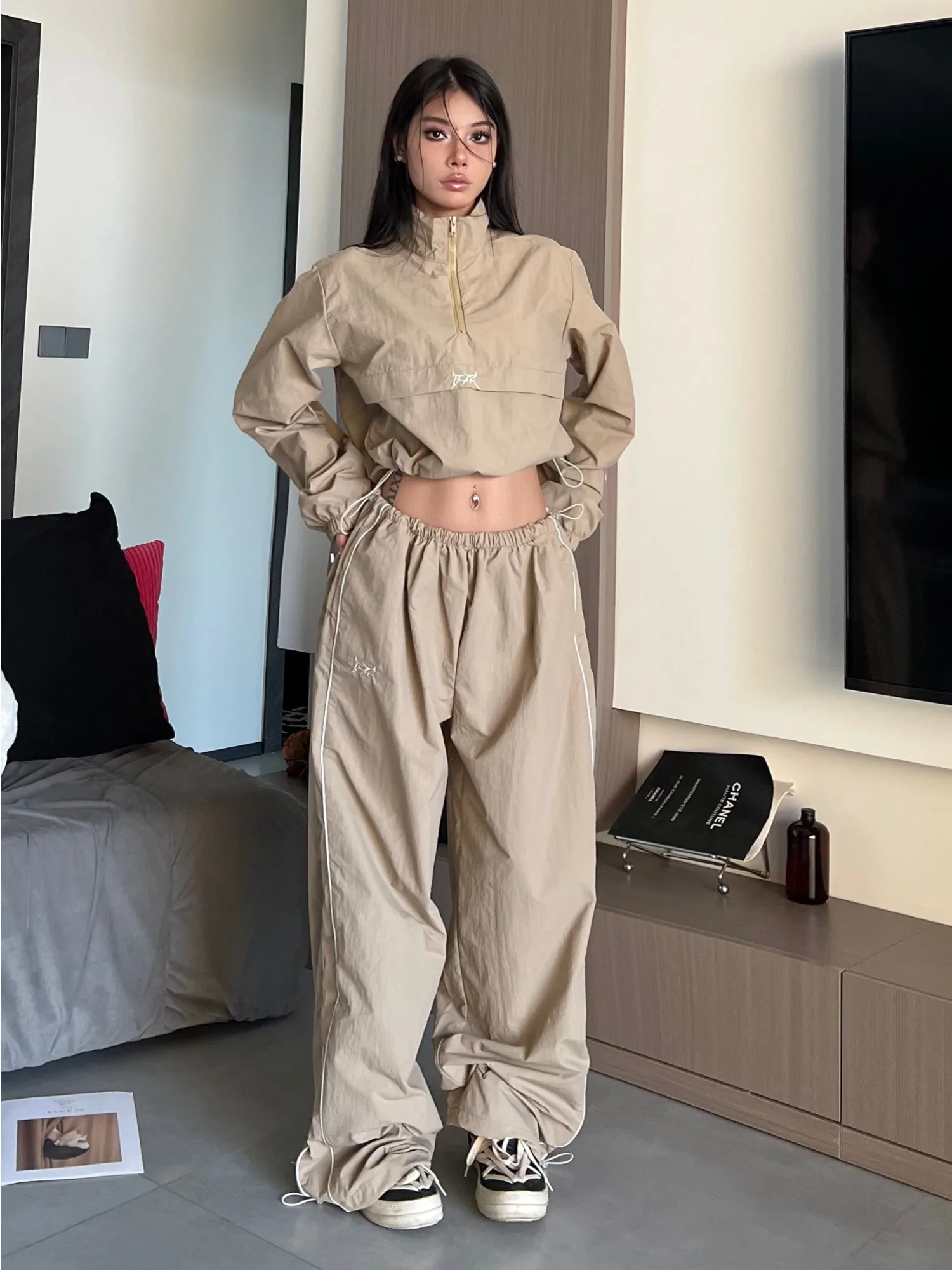 QWEEK Y2K Streetwear Khaki Pants Sets Women Gorpcore Vintage 90s Beige Tracksuit Oversized Kpop Fashion Harajuku Two Piece Set qweek y2k vintage low waist jeans women washed loose streetwear wide leg distressed pants korean fashion retro harajuku jeans