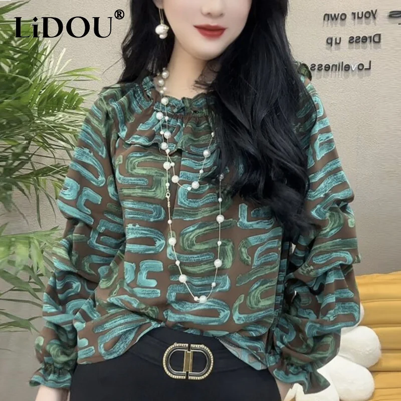 

Spring Autumn One World Collar Ruffles Elegant Blouse Femme Long Puff Sleeve All-match Shirt Women's Loose Casual Pullovers Top