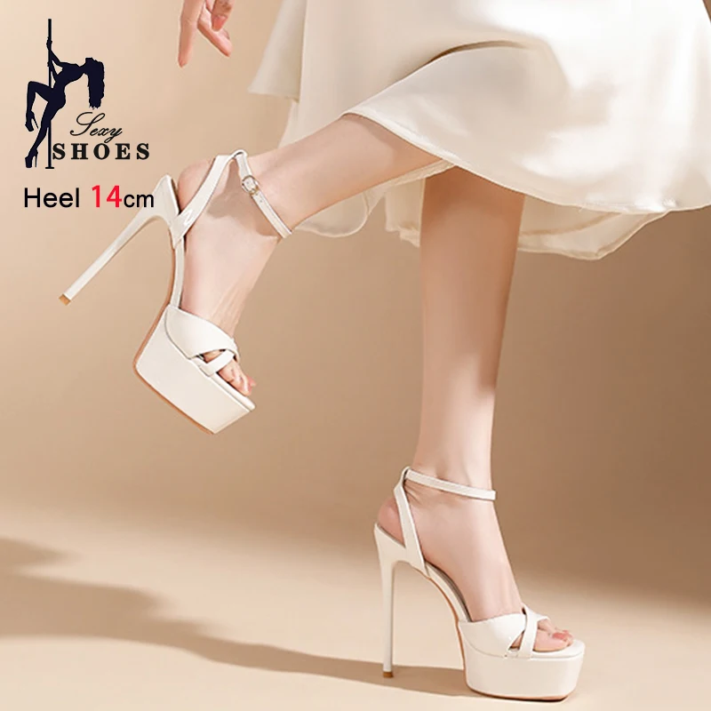 Cross Hollow High Heels sandals For Woman Platform Square Toe Stiletto Model Catwalk Show Shoes 14CM Summer Women Shoes White