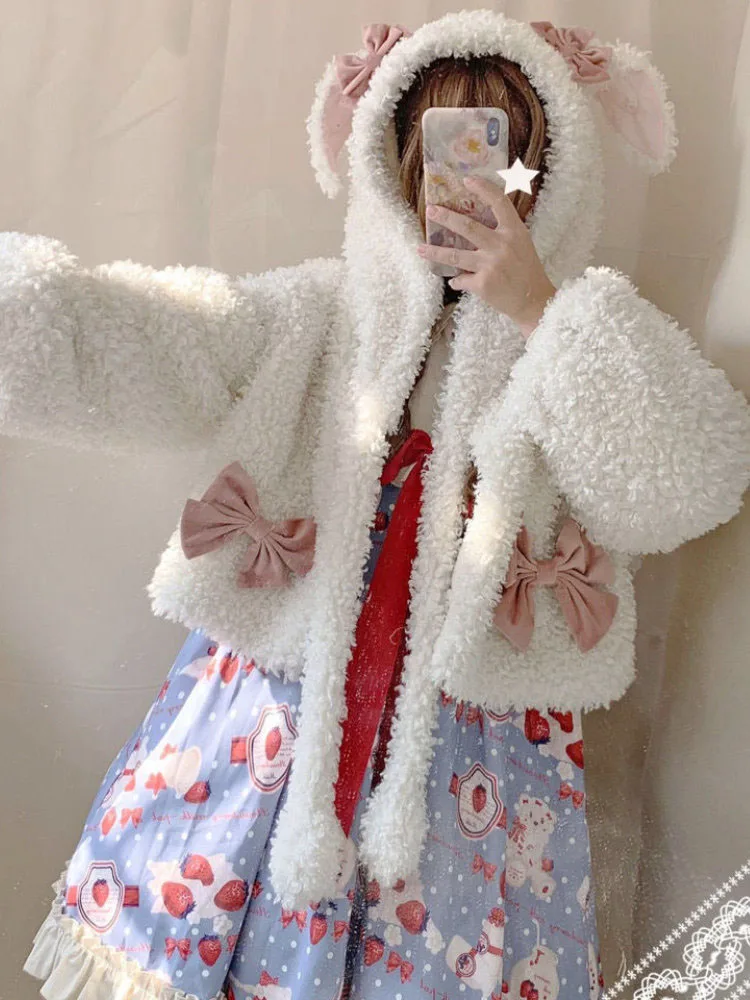 

Autumn Winter Harajuku Lamb Wool Jackets Rabbit Hat Moving Ears Cute Outwear Women Sweet Loose Crop Plush JK Bow Coats
